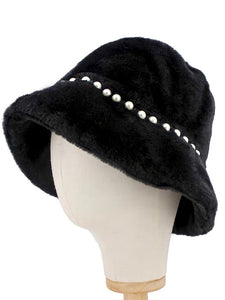 Faux Pearl Fur Black Bucket Hat